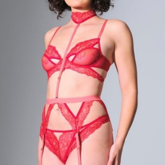 Thistle and Spire Other - Thistle and Spire Kane Garter Belt Women S Red Lace Strappy Lingerie w/ Choker